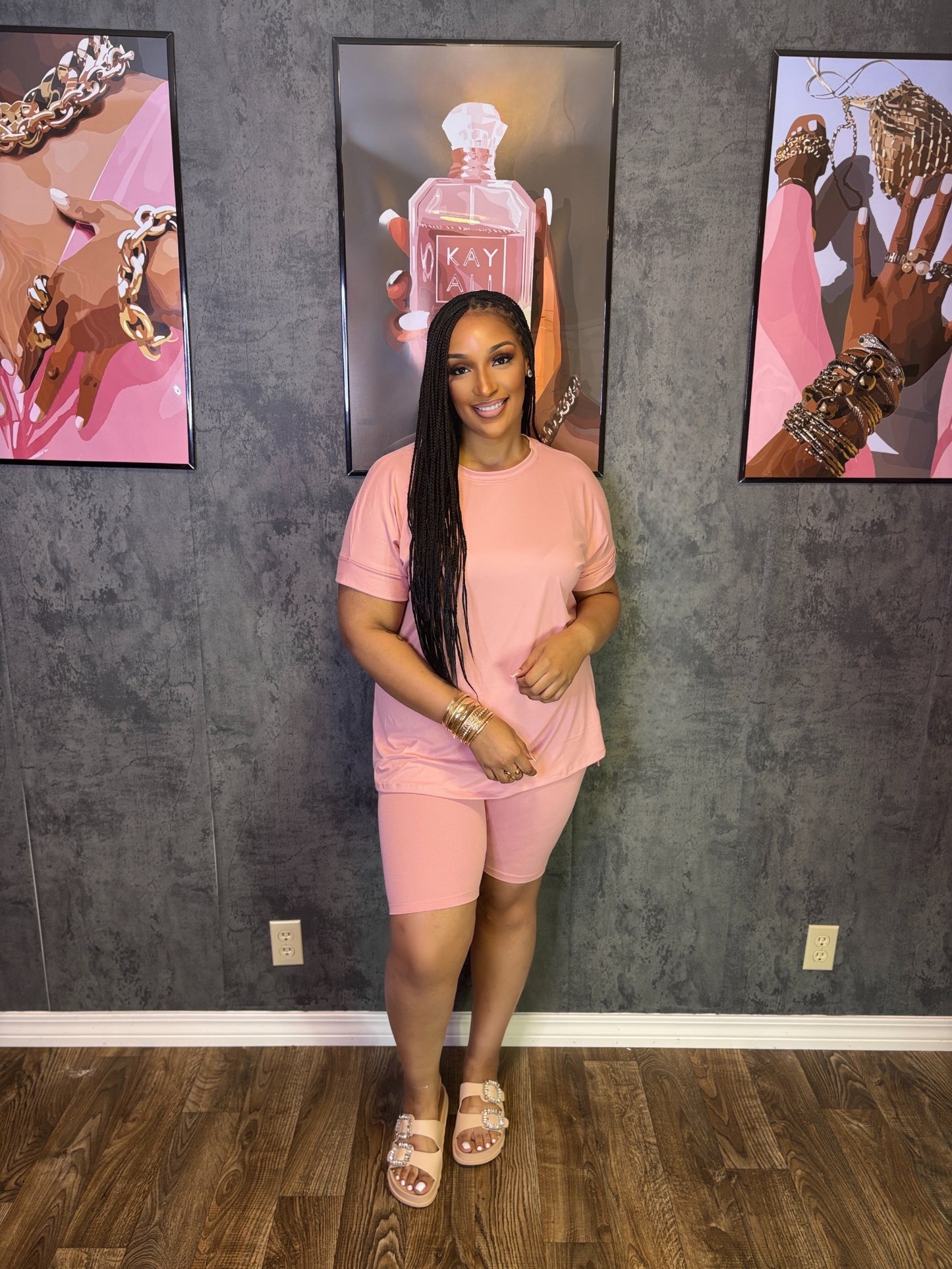 Get Up and Go Basic Biker Short Set-Tan Rose