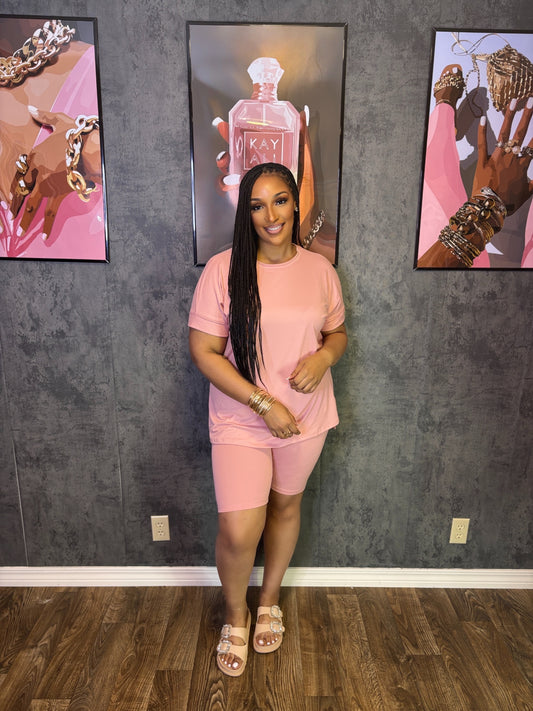 Get Up and Go Basic Biker Short Set-Tan Rose